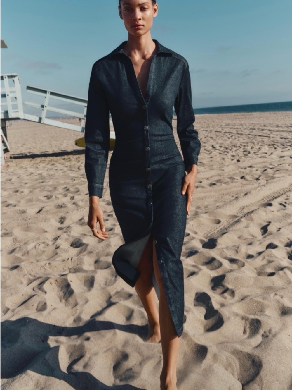 ZARA Dark Wash Denim Midi Shirt Dress Button Front Size L (Runs Small)